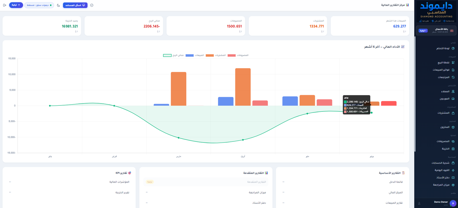 مركز التقارير المالية - عرض فاتح في DIAMOND Accounting ERP